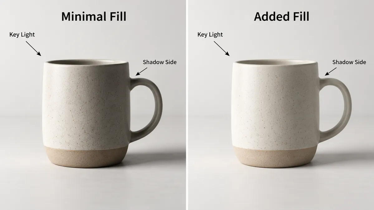 Mesmo produto e mesma direção da luz principal comparados com preenchimento mínimo e preenchimento adicionado para mostrar mudanças no brilho das sombras e no contraste