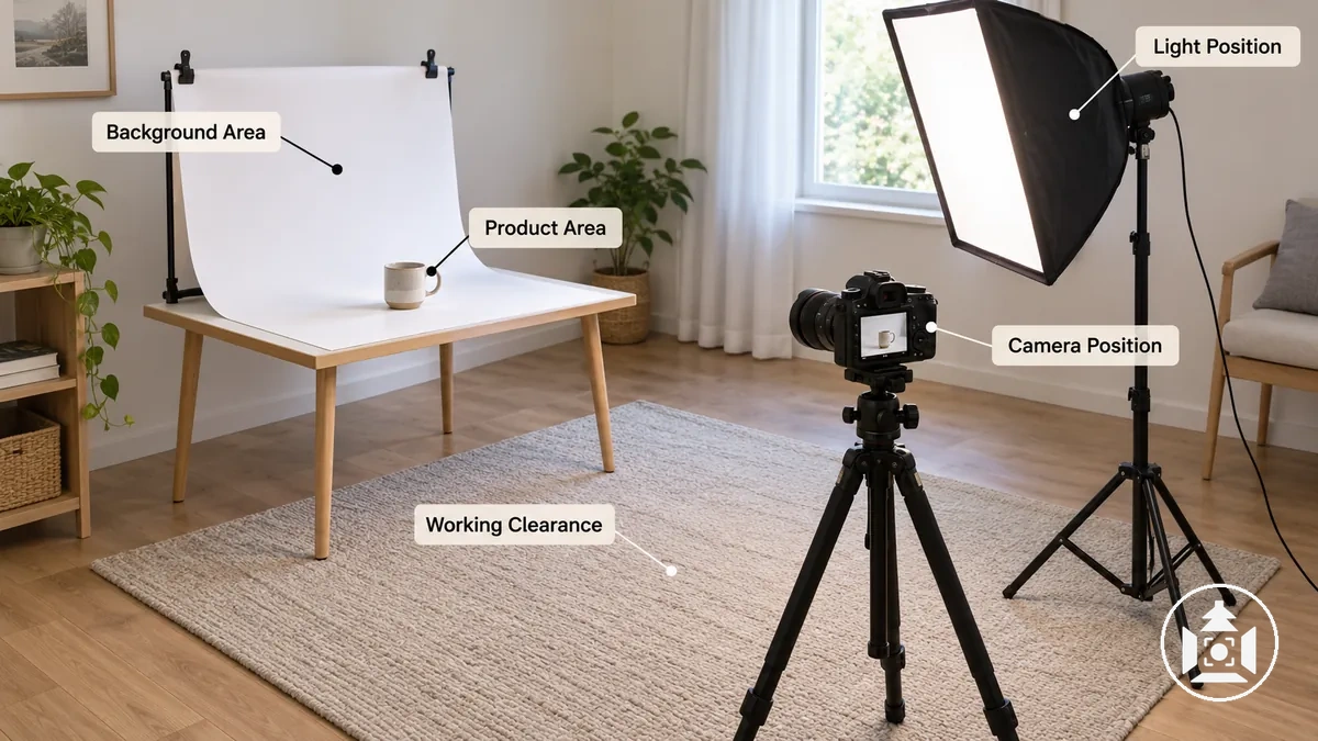 Área de fotografia de produto em casa mostrando o produto, a posição da câmera, a posição da luz, o fundo e o espaço livre de trabalho