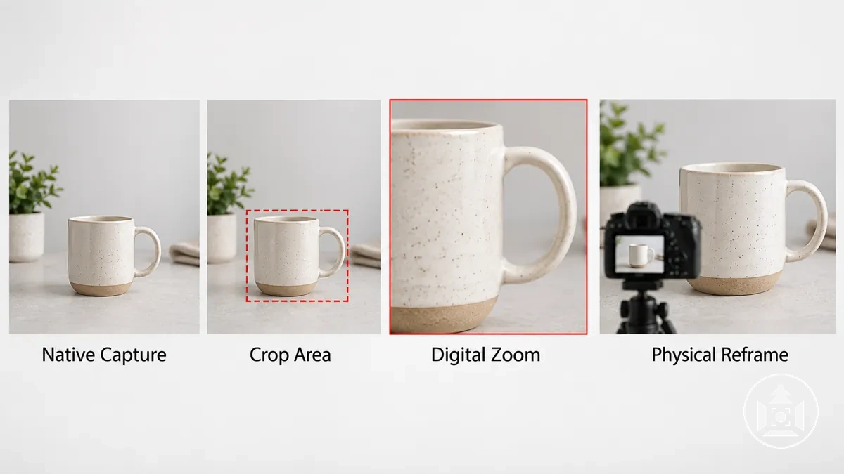 Imagem de produto mostrando enquadramento nativo, área de corte demarcada e a visualização resultante do corte ou zoom digital