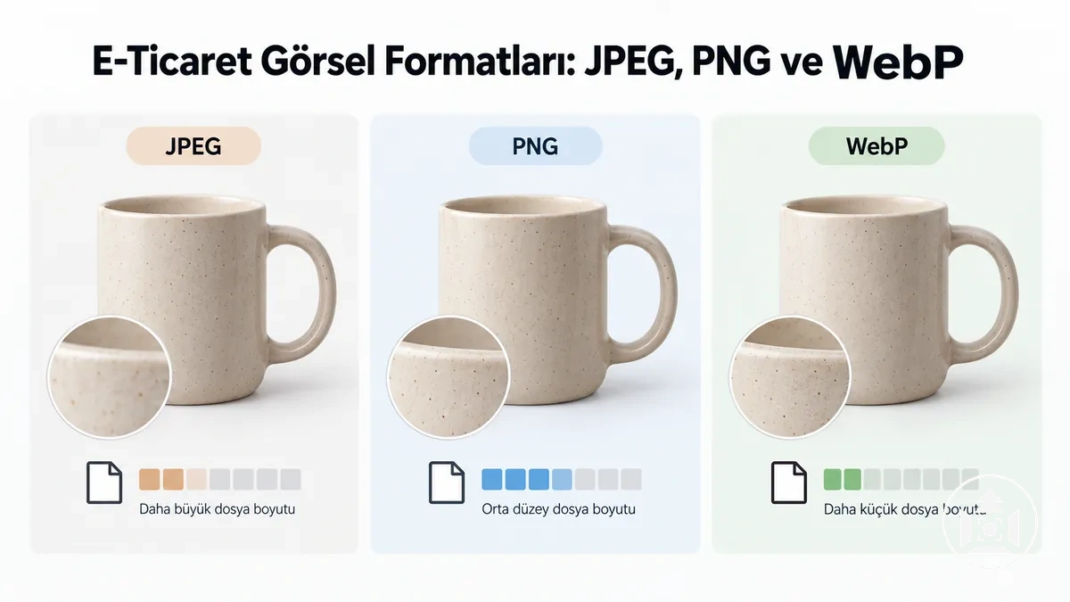 Kalite ve dosya boyutuna göre karşılaştırılan JPEG, PNG ve WebP e-ticaret ürün görseli formatları