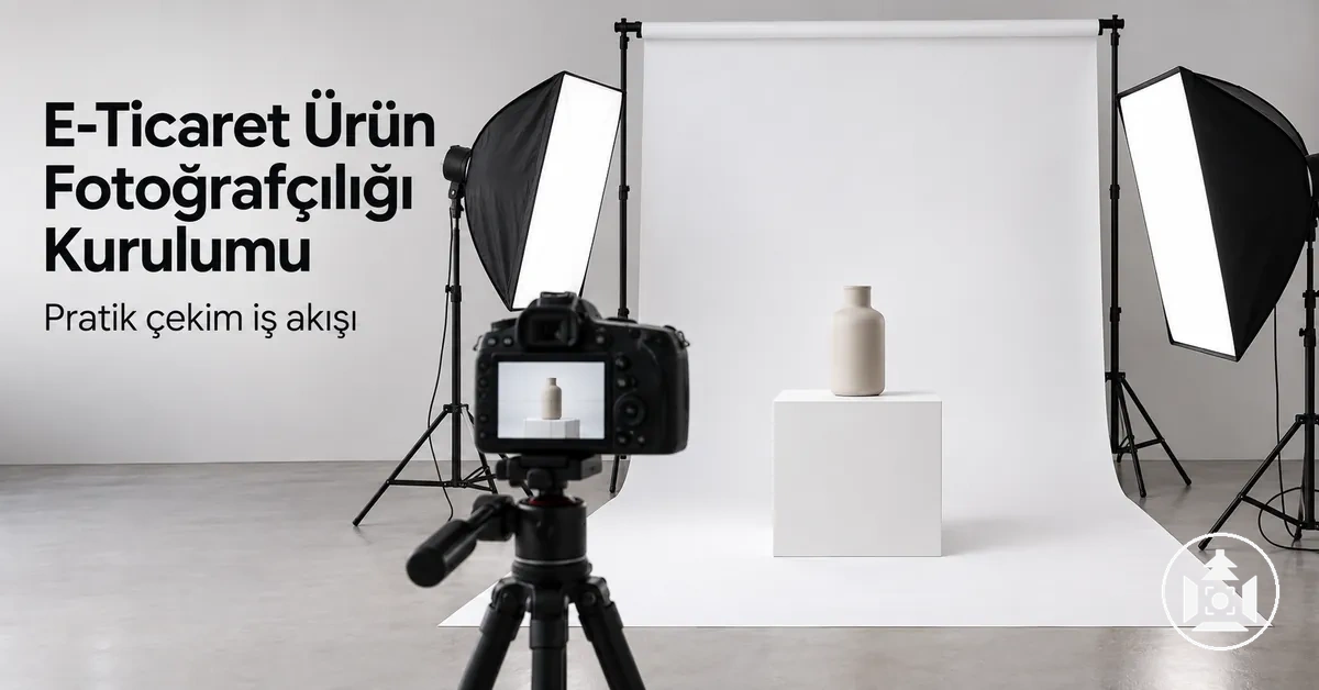 Kamera, ışıklar ve arka planla hazırlanmış e-ticaret ürün fotoğrafçılığı çekim kurulumu