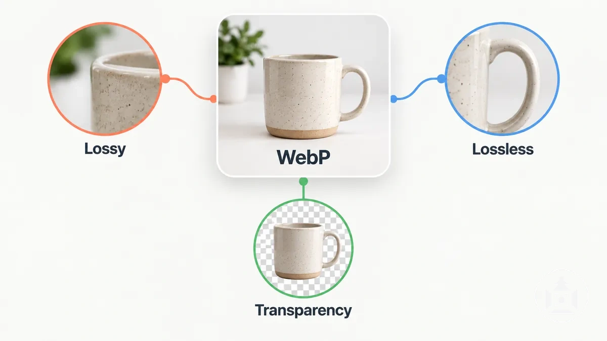Kayıplı, kayıpsız ve saydamlık desteğini gösteren WebP e-ticaret ürün görseli illüstrasyonu